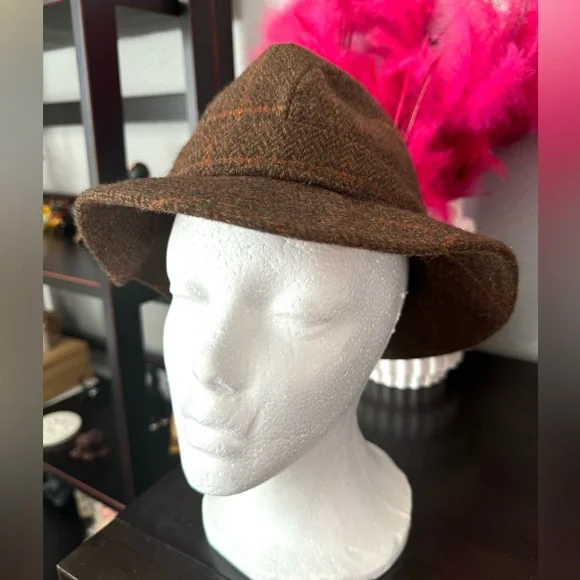 Vintage Irish Brown Tweed Plaid Hat with Feather